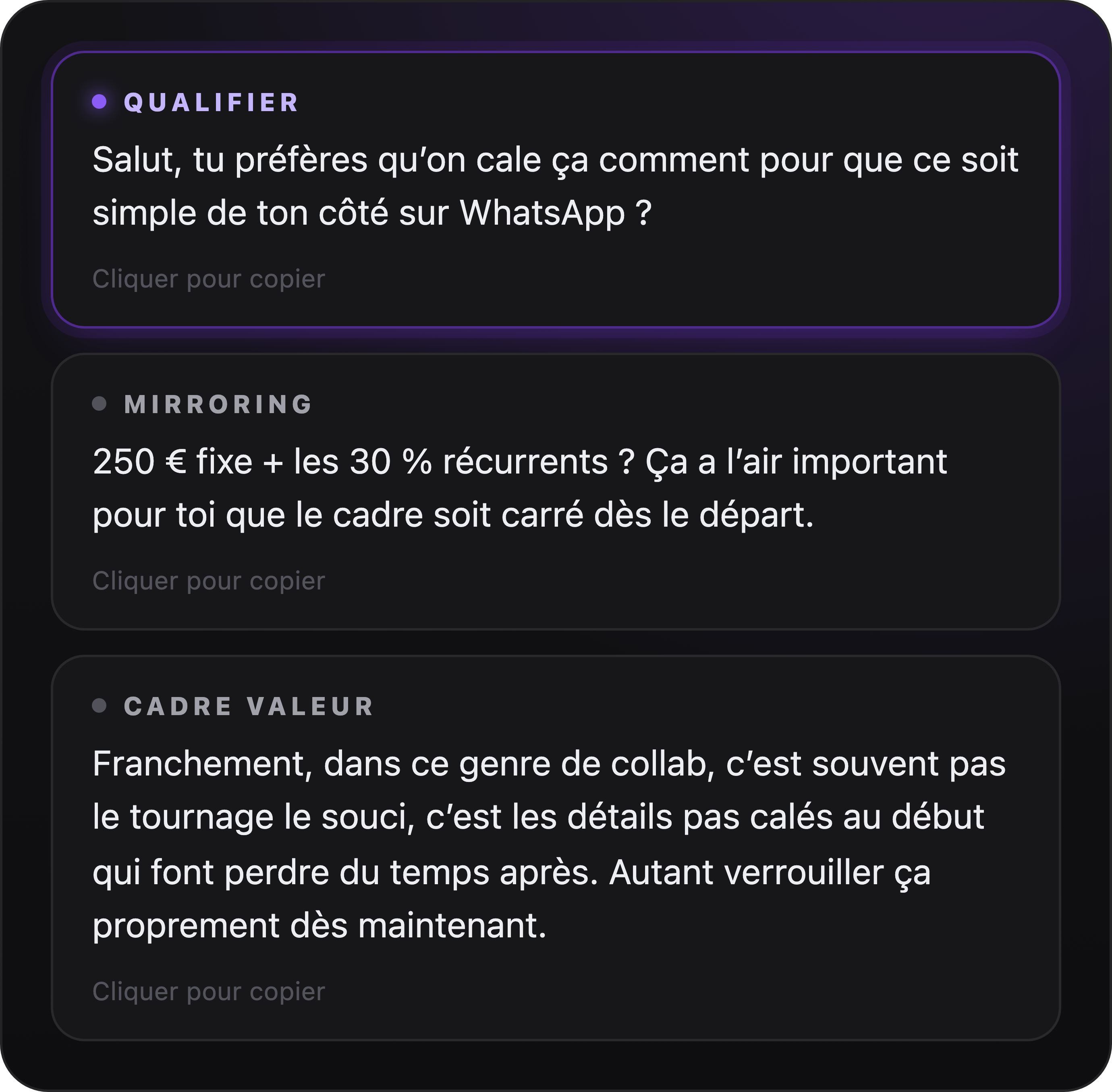 Trois réponses de closing générées par le Ghostwriter EKO